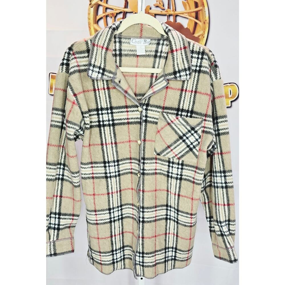 Cindy Bai Beige Plaid Fleece Button-Up Jacket Size Medium